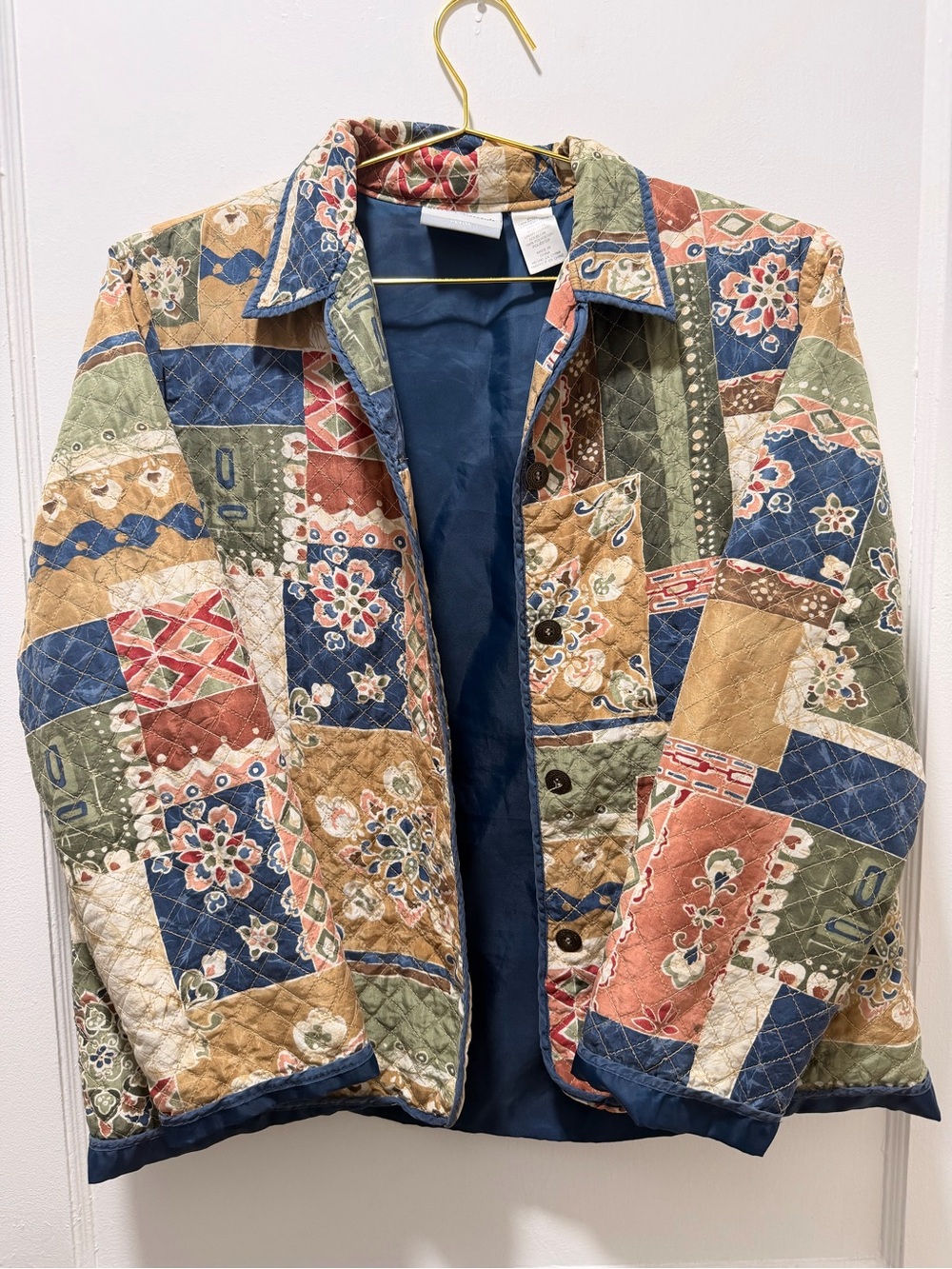 Alfred Dunner Quilted Patchwork Shirt Jacket in Blue, Green & Tan- Size 12P